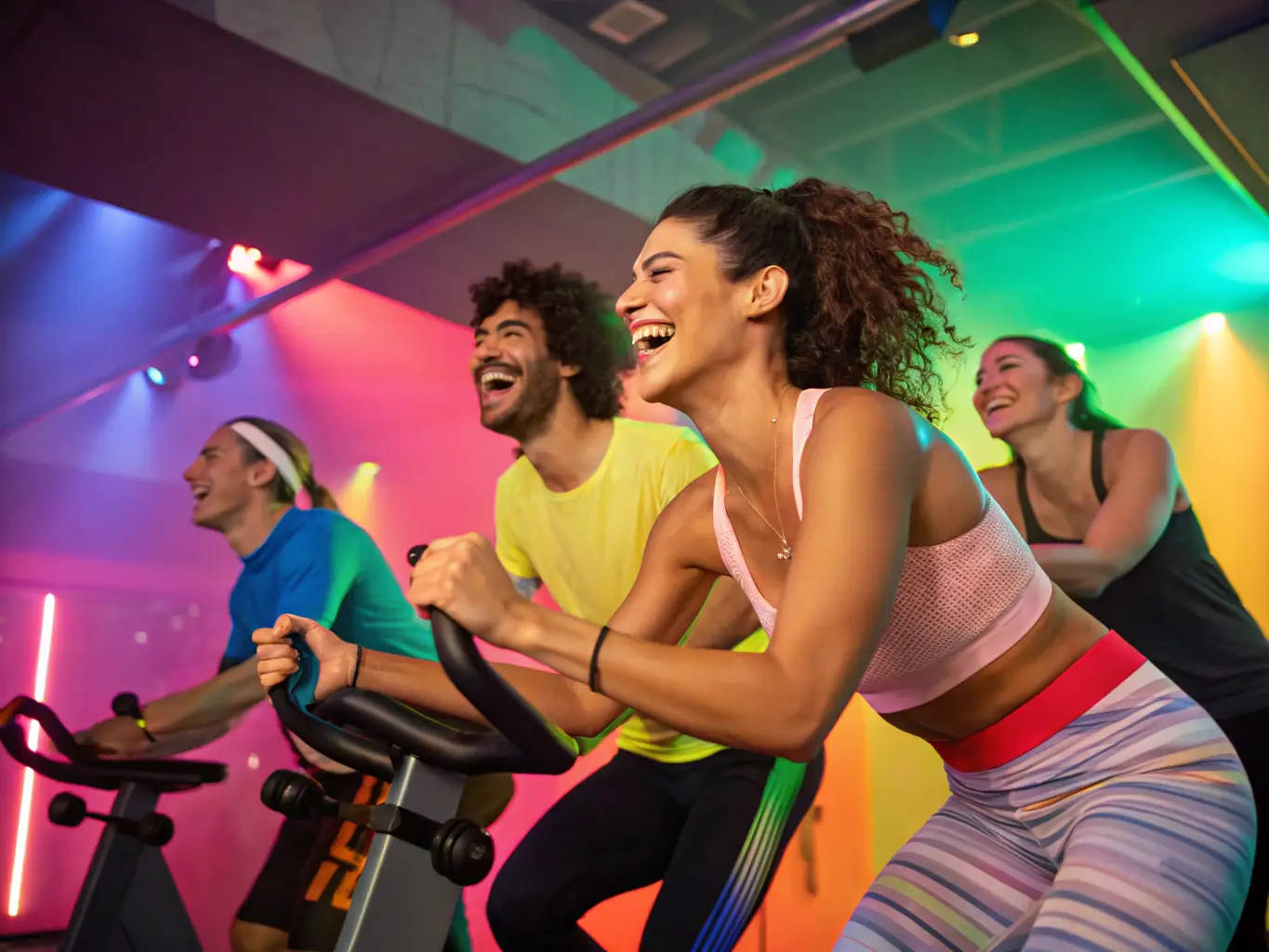 A diverse group of young adults participating in a high-energy Zumba class in a modern studio, with an enthusiastic instructor leading the dance moves. The atmosphere is vibrant and inclusive, showcasing the fun and social aspects of group fitness.