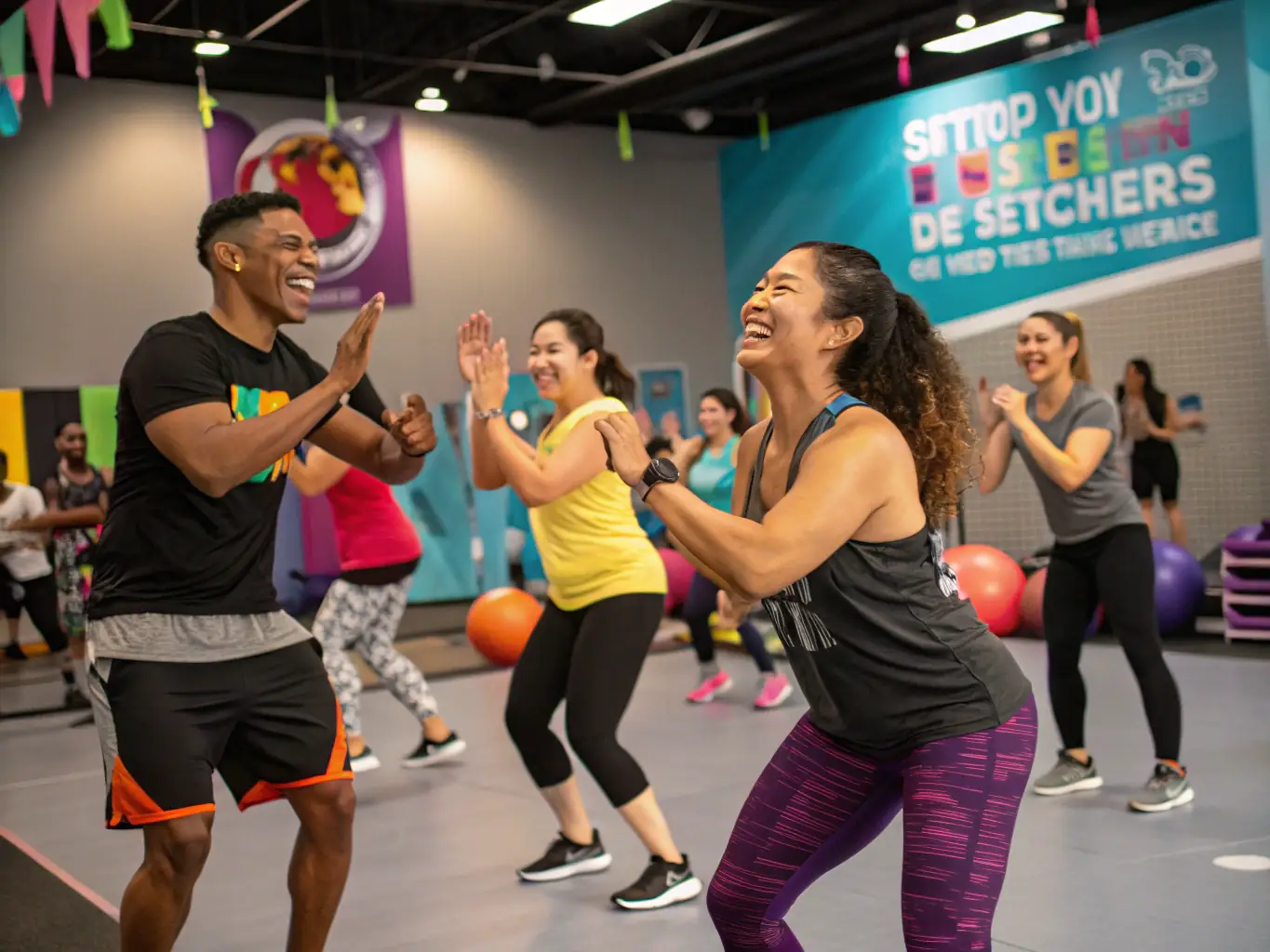 A group of people of various ages and fitness levels are happily participating in a Zumba class in a park in Marseille, with the instructor leading the dance moves.