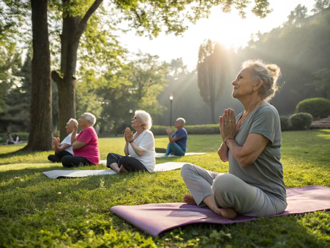 A group of senior citizens participating in a gentle stretching exercise class in a park, with a qualified instructor guiding them. The scene is bright and cheerful, emphasizing the accessibility of fitness for older adults.