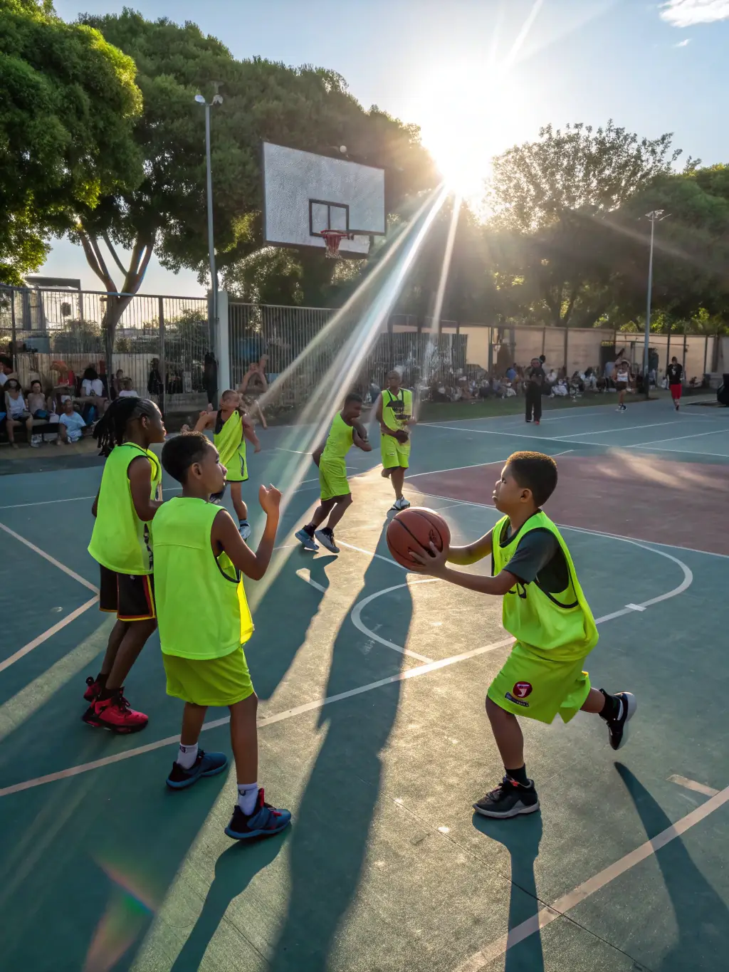 An action shot of a basketball game at MEF Marseille en Forme, highlighting teamwork and competitive spirit.