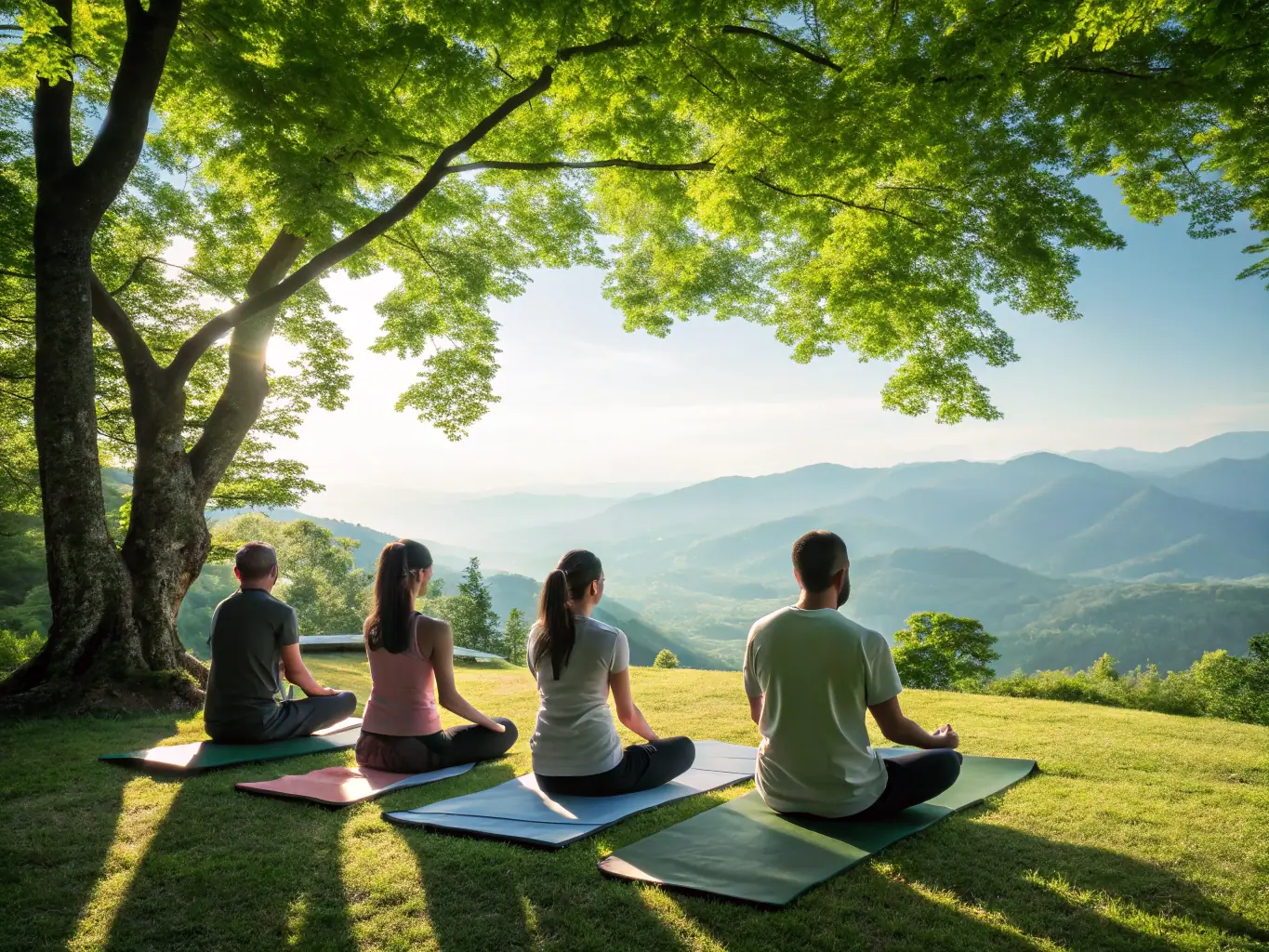 A serene image of people practicing yoga and meditation outdoors in a peaceful setting in Marseille, promoting mental and emotional well-being.