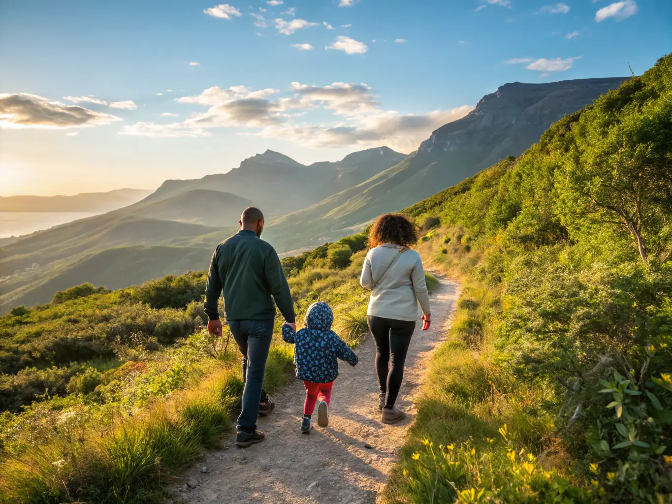 A family participating in a guided hiking tour through a scenic trail in the Provence region, with a knowledgeable guide pointing out local flora and fauna. The image captures the beauty of nature and the joy of outdoor exploration.